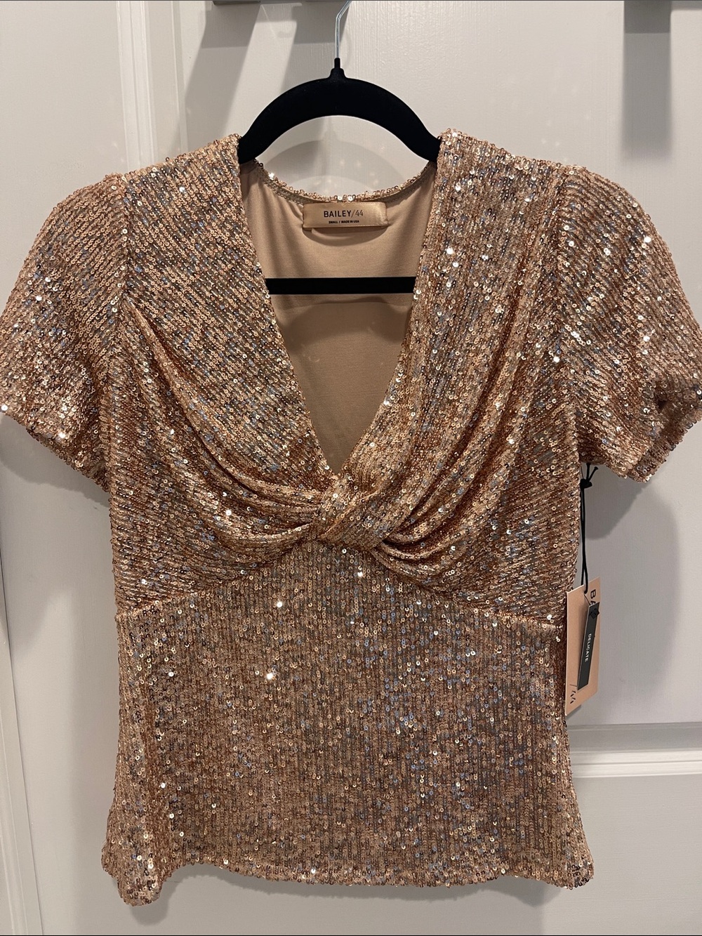 Bailey 44 Rose Gold Sequin Twist-Front Top